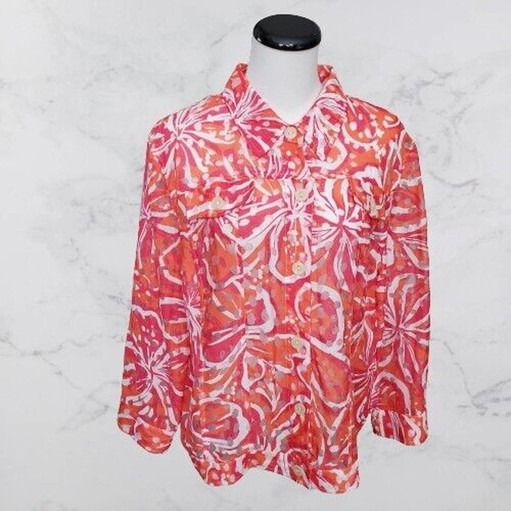 Linear Women's Size XL Vibrant Sheer Laser Cut Burnout Button Up Pocket Jacket